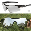 A pair of black UV400 sport sunglasses shown in two views, including a close-up outdoors.