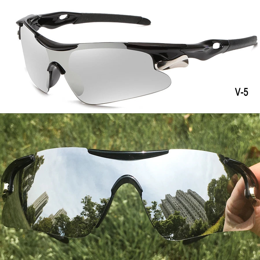A pair of black UV400 sport sunglasses shown in two views, including a close-up outdoors.