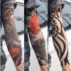 A series of images showing reusable UV protection tattoo arm sleeves applied on a person's forearm.