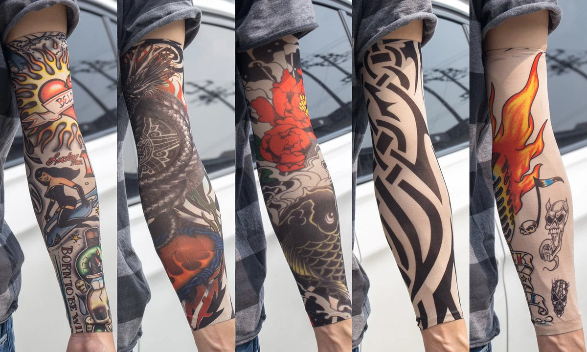 A series of images showing reusable UV protection tattoo arm sleeves applied on a person's forearm.