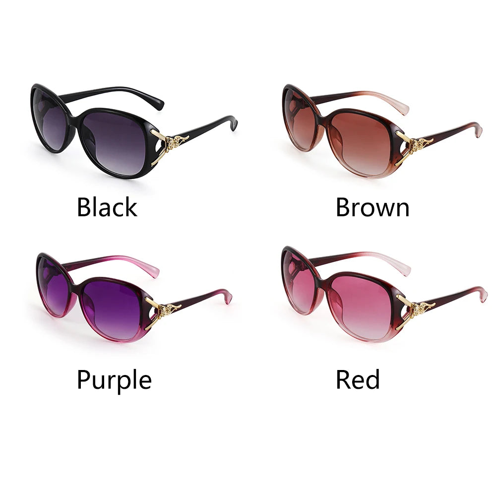 A set of vintage oversized retro sunglasses in black, brown, purple, and red colors.