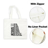 White canvas tote bag with a Jesus faith print featuring scripture and a zipper detail.
