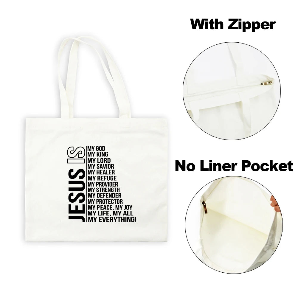 White canvas tote bag with a Jesus faith print featuring scripture and a zipper detail.