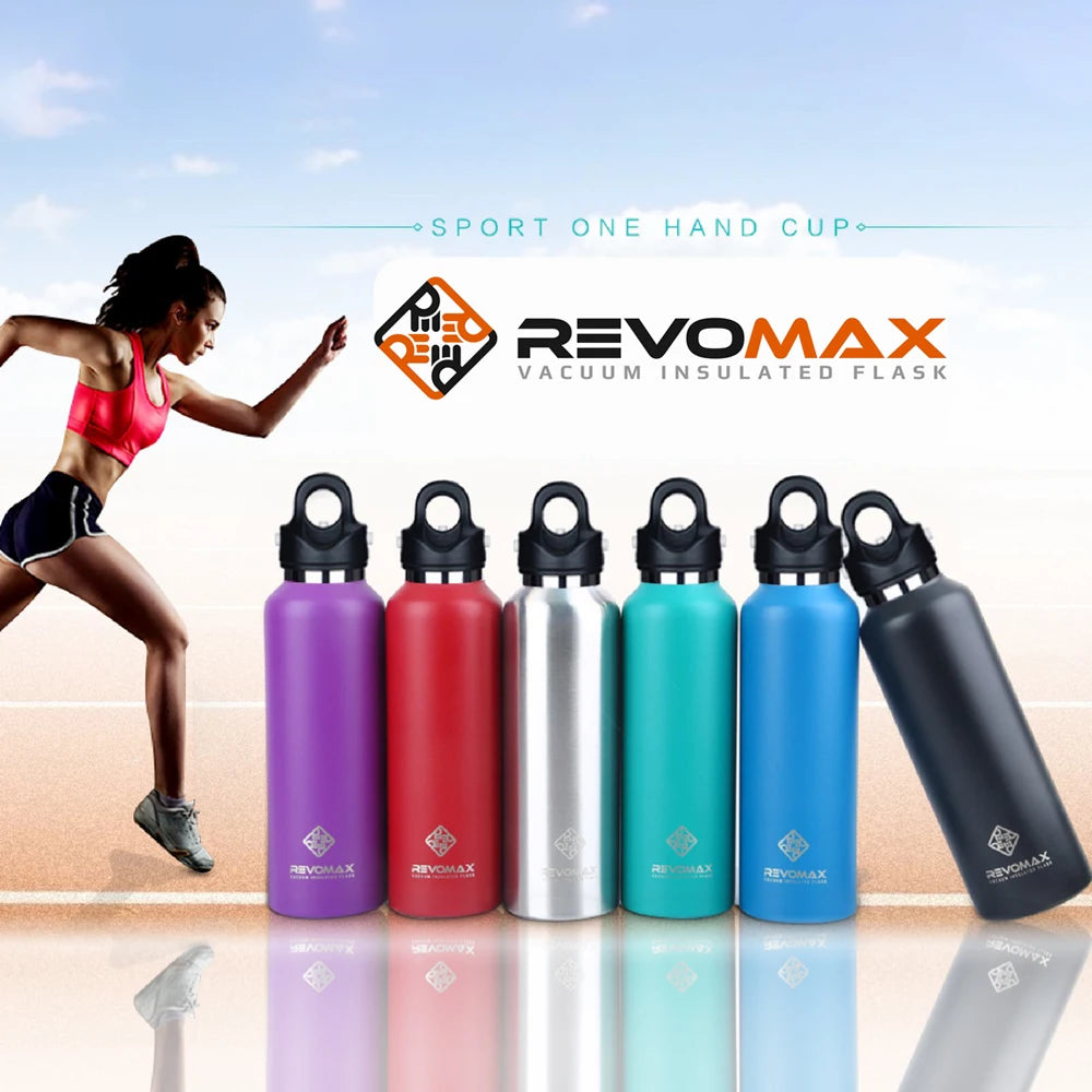 A collection of Revomax vacuum insulated flasks in various colors and a woman exercising.