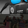 A pair of black polarized sunglasses with blue lenses is shown on a box, next to people fishing.