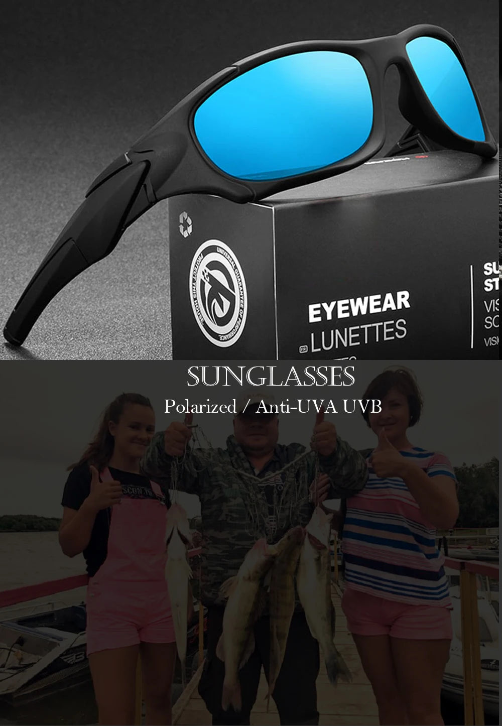 A pair of black polarized sunglasses with blue lenses is shown on a box, next to people fishing.