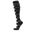 Black compression socks featuring a repeating pattern of stylized cats.