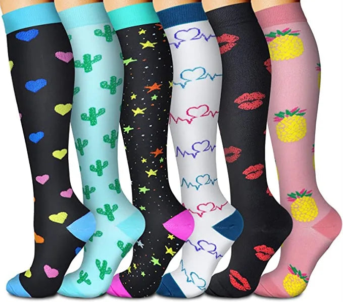 A variety of colorful compression elastic socks featuring various patterns and designs for sports and daily wear.