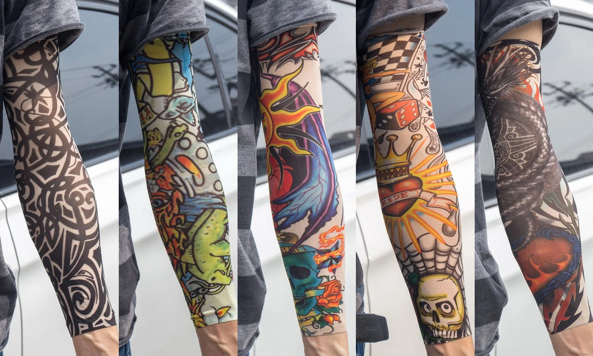 Close-up of a person wearing colorful reusable UV protection tattoo arm sleeves with intricate designs.