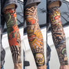 A series of images showing reusable UV protection tattoo arm sleeves applied on an arm.