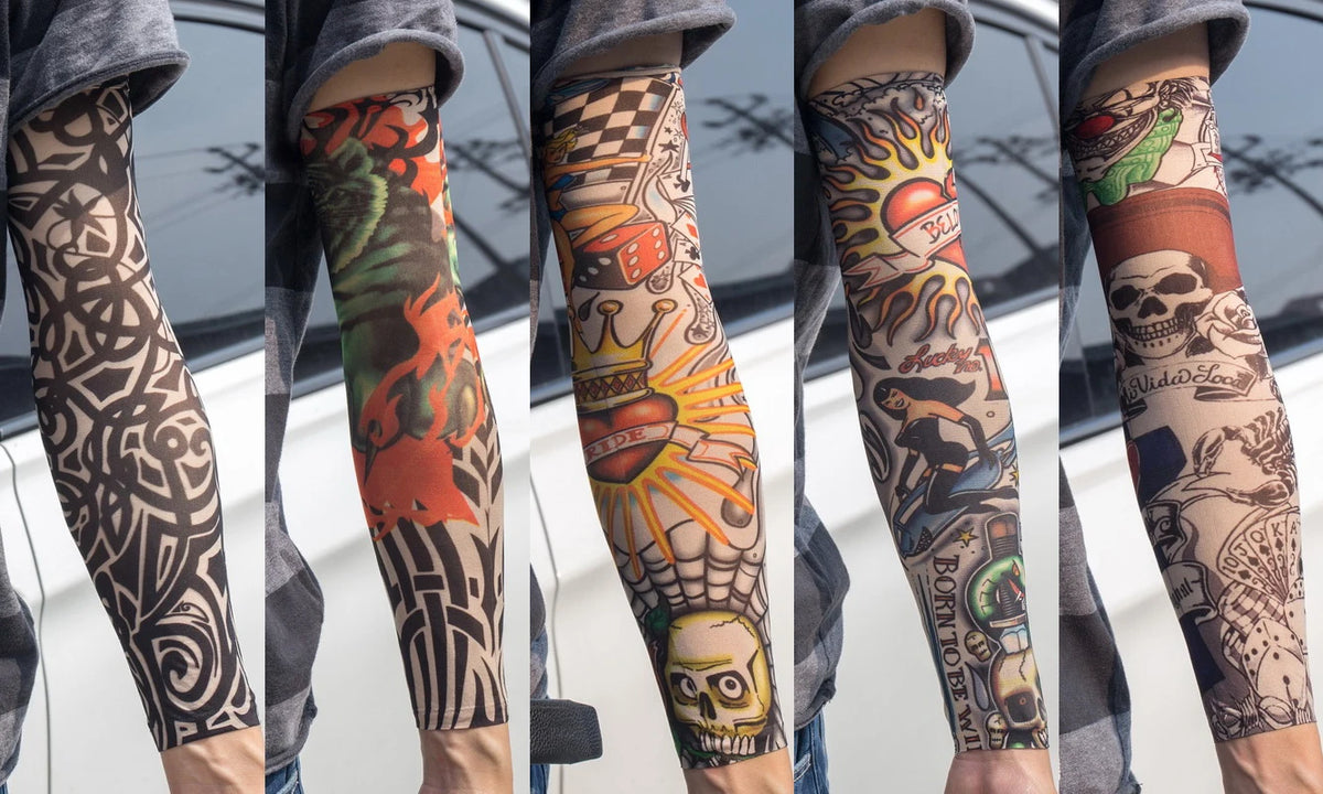 A series of images showing reusable UV protection tattoo arm sleeves applied on an arm.