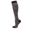 A pair of grey compression socks featuring a repeating pattern of red and white flag motifs.