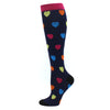 A pair of navy blue compression socks with multicolored heart patterns and a pink cuff.