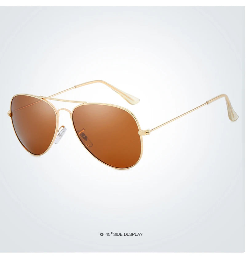 Gold-framed pilot sunglasses with brown lenses shown at a 45 degree side display.