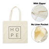 A beige canvas tote bag featuring the word HOPE in a square font, shown with and without a zipper and a liner pocket.