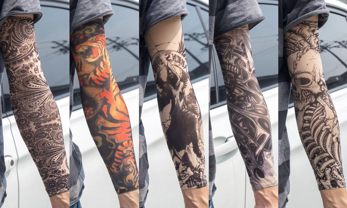 Close-up of a person wearing reusable UV protection tattoo arm sleeves with intricate black and orange designs.