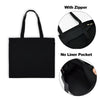 Black canvas tote bag with a zipper and no liner pocket shown in various views.