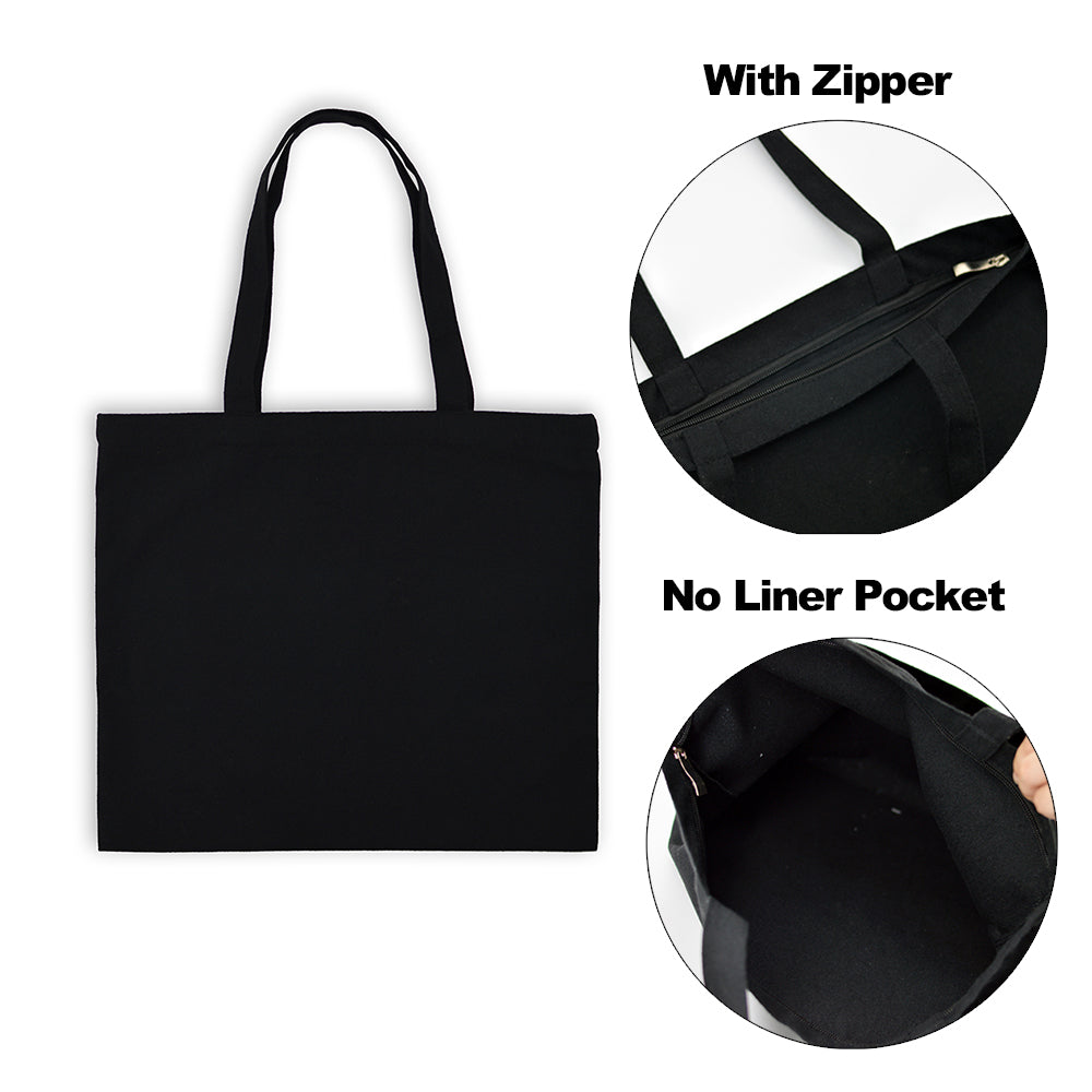 Black canvas tote bag with a zipper and no liner pocket shown in various views.