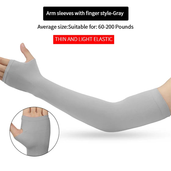 Gray fingerless arm sleeve worn on an arm, showing the fit and design.