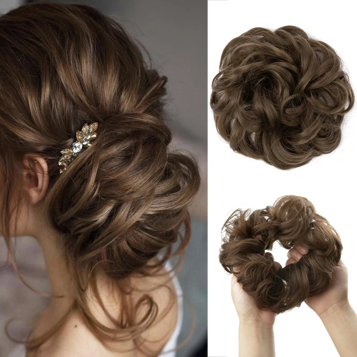 A close-up of messy curly hair bun extensions styled in a textured updo with gold accents.
