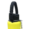 Black paracord strap attached to a yellow water bottle for hiking and travel