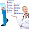 A woman wearing a white lab coat holds up a pair of blue compression socks with various activity icons.