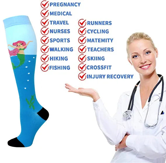 A woman wearing a white lab coat holds up a pair of blue compression socks with various activity icons.