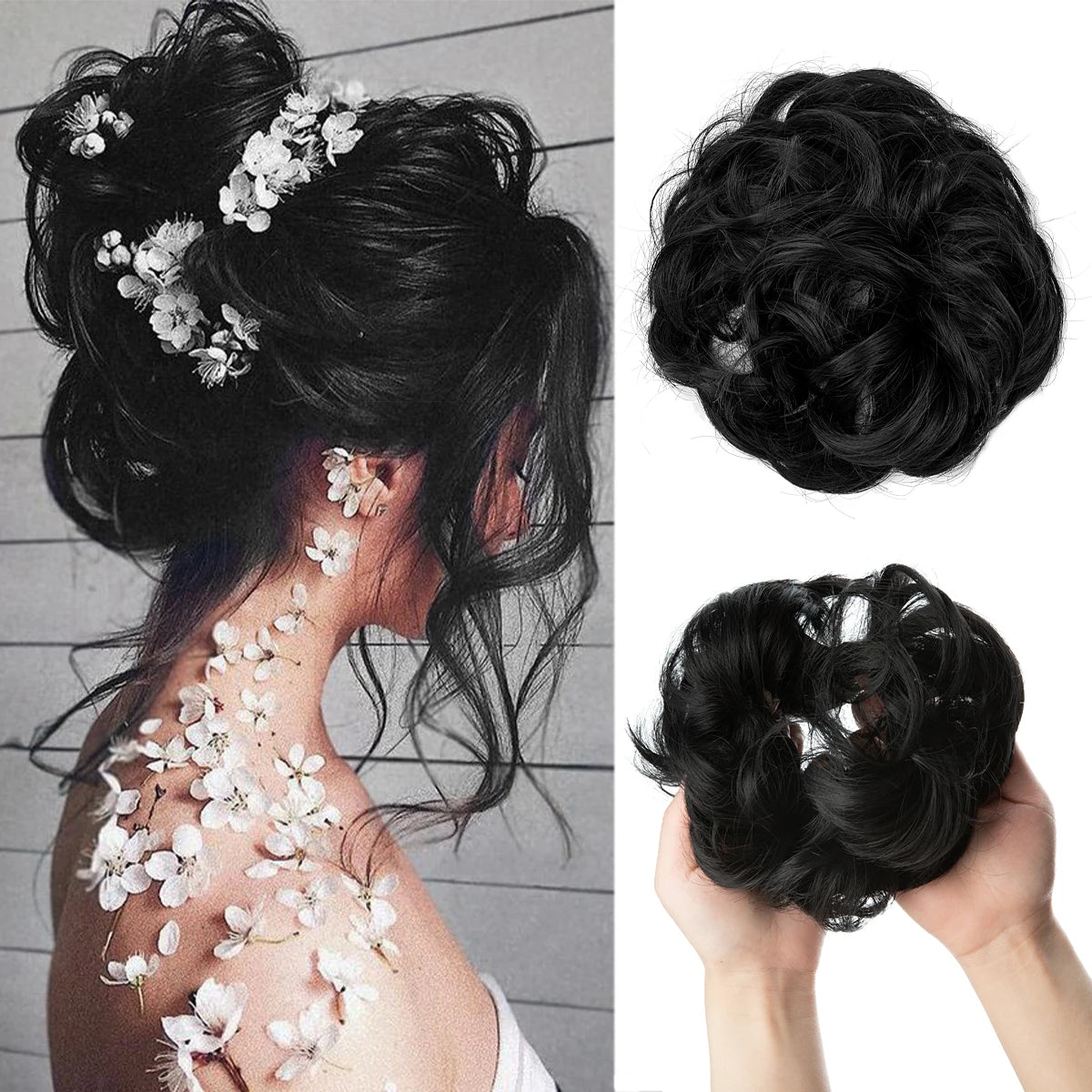 A woman's dark hair styled in a messy curly bun with white floral extensions.