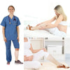 A woman wearing blue scrubs stands next to a pregnant woman receiving medical grade compression socks.