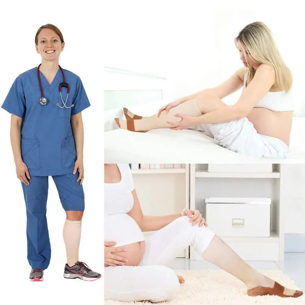 A woman wearing blue scrubs stands next to a pregnant woman receiving medical grade compression socks.