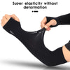 Black fingerless arm sleeve being stretched to demonstrate super elasticity without deformation.