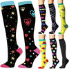 A set of black compression socks decorated with various heart and animal patterns in pink, green, and yellow.