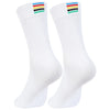 A pair of white performance cycling and sports socks with colorful stripes at the top.