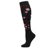 Black compression socks decorated with pink hearts and silver accents