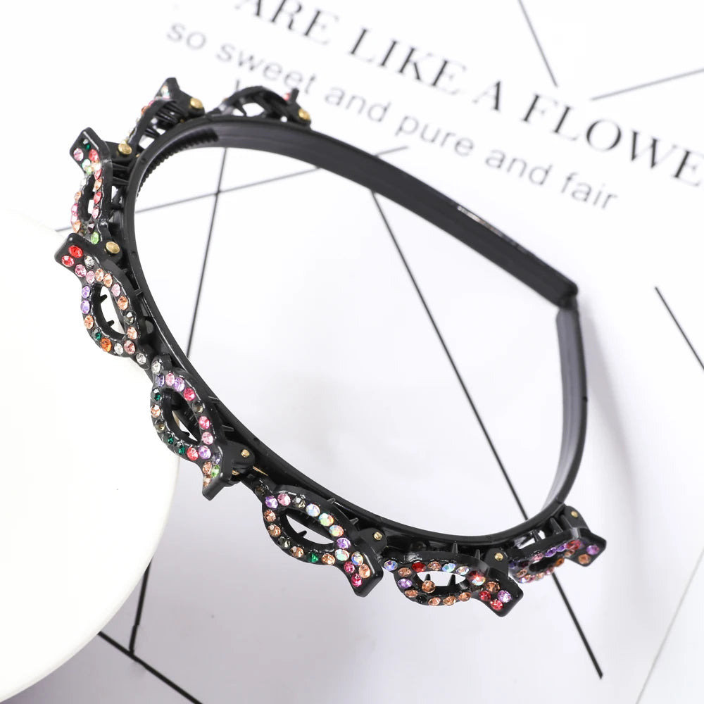 Black double layer headband decorated with colorful pearls and rhinestones