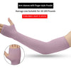 A purple fingerless arm sleeve is shown on a hand and forearm, demonstrating its fit.