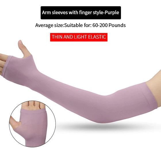 A purple fingerless arm sleeve is shown on a hand and forearm, demonstrating its fit.