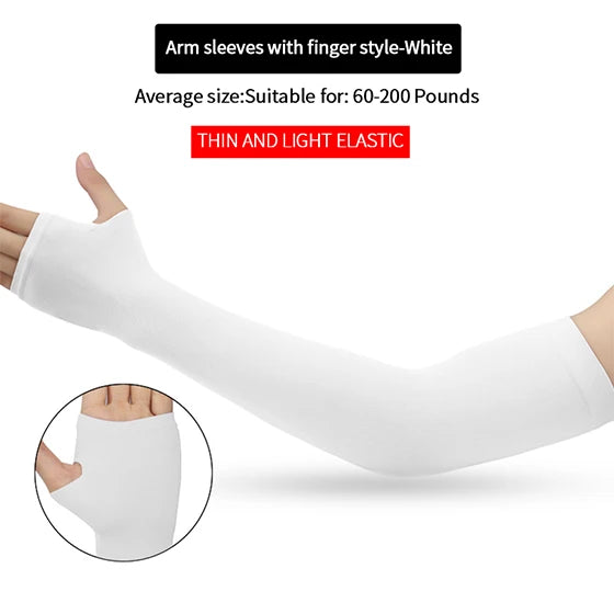 White fingerless arm sleeves shown on a hand and arm, demonstrating the fit and style.