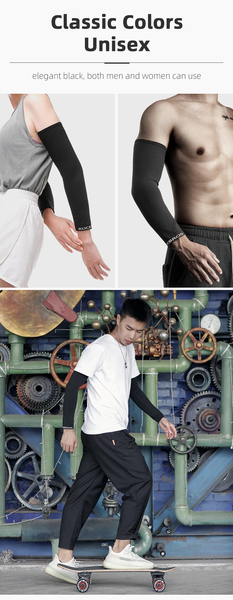 A model wearing black breathable cycling arm sleeves and black pants standing in front of a blue industrial background with g