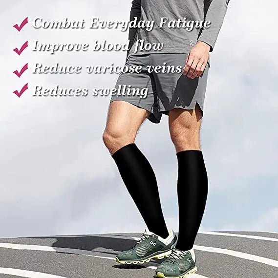 A person wearing black compression socks is shown standing outdoors, with text listing health benefits.