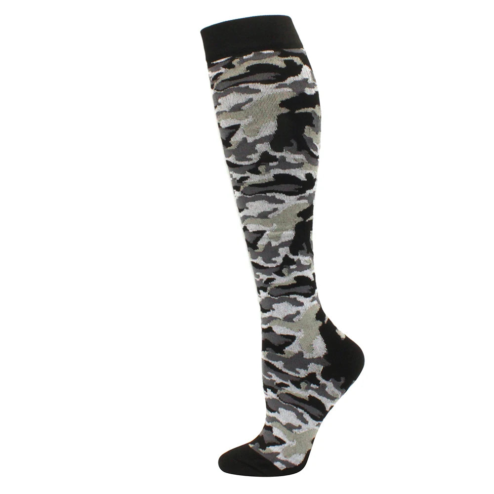 Black and gray camouflage medical grade compression socks for circulation and vein support
