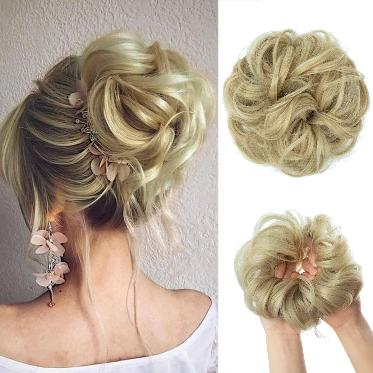 Close-up of blonde hair extensions styled in a messy curly bun with delicate floral accents.