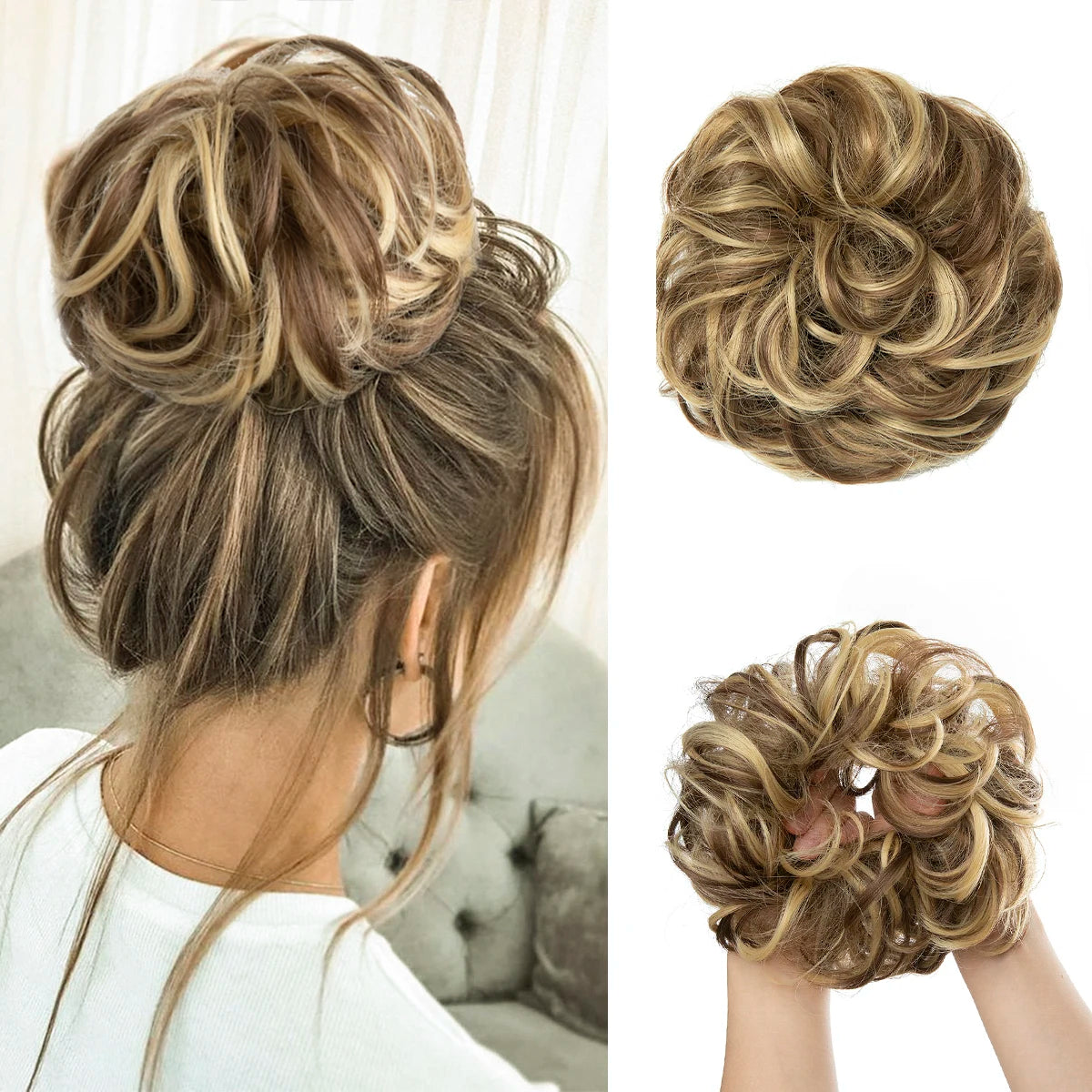 A woman shows off messy curly hair bun extensions styled in an elegant updo with soft blonde highlights.