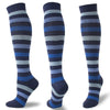 A set of multi-color striped compression socks in shades of blue and gray.