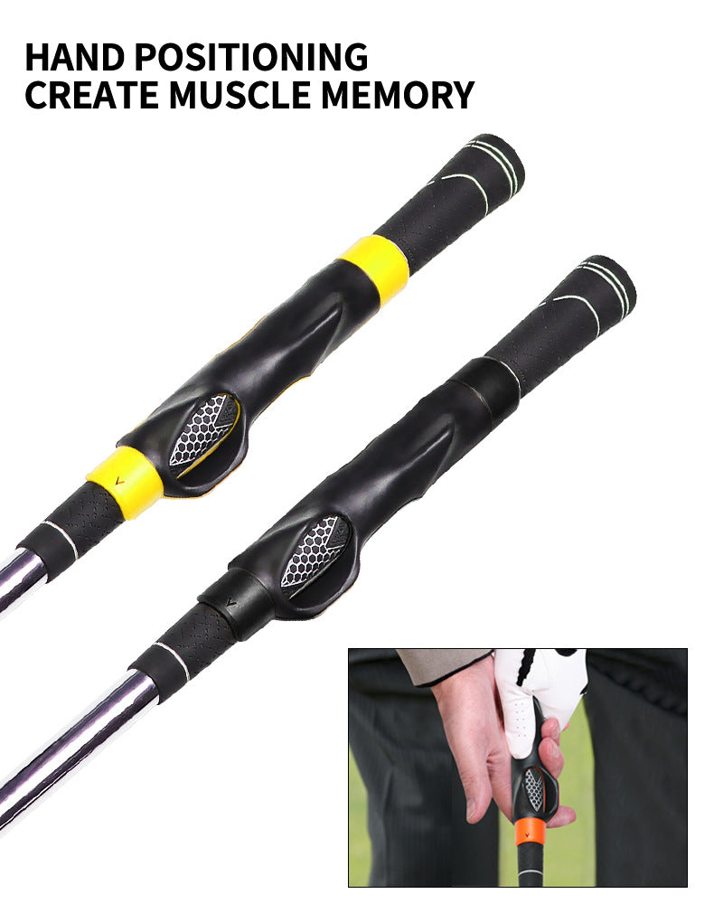 A black and yellow hand positioning grip trainer for creating muscle memory, shown in various angles.