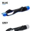 A portable golf swing grip trainer shown in blue and grey colors.