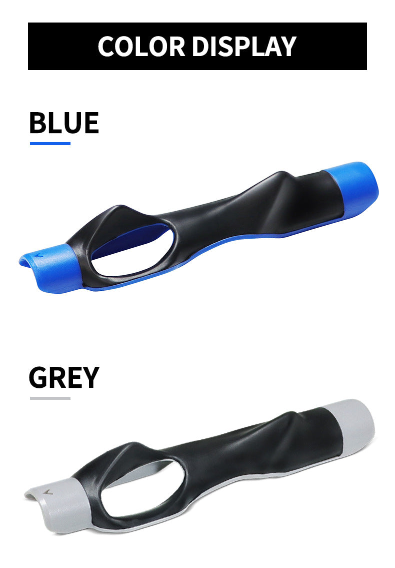 A portable golf swing grip trainer shown in blue and grey colors.