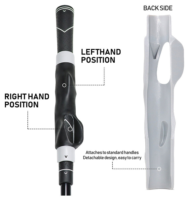 A portable golf swing grip trainer shown in left and right hand positions and a back view.