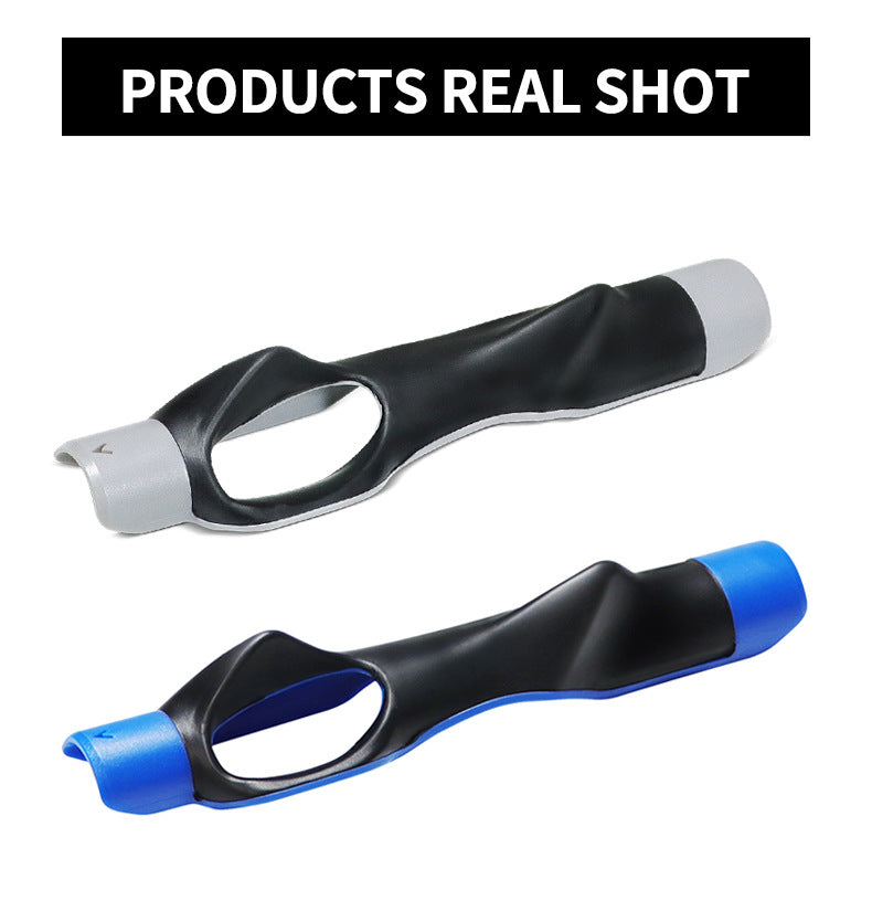 A black and silver portable golf swing grip trainer shown in a real shot.