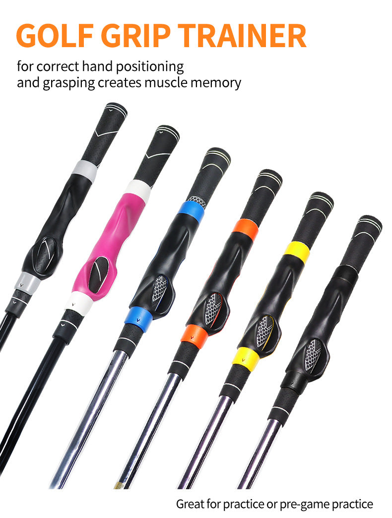 A set of portable golf grip trainers in various colors and designs for hand positioning practice.